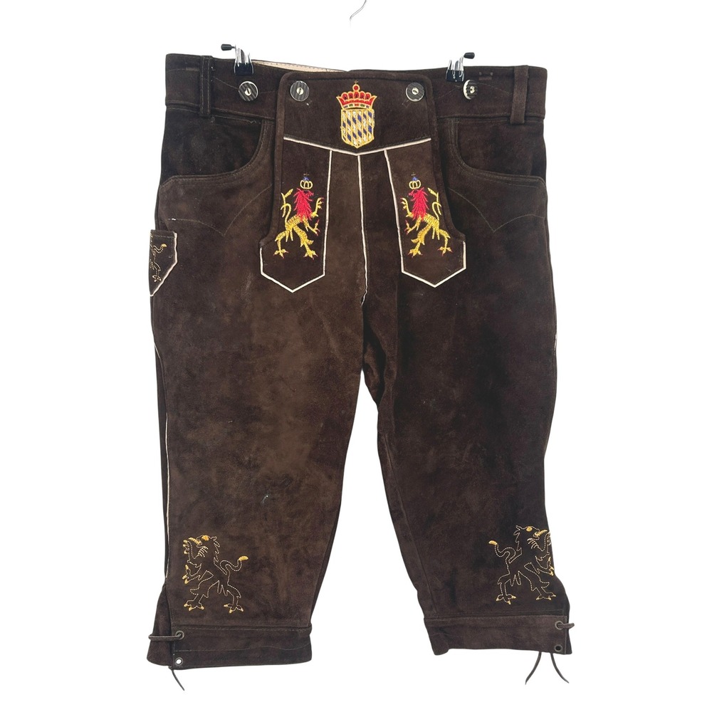 German Lederhosen‎ 52 Brown Leather Embroidered Lions Oktoberfest Heritage 36-38